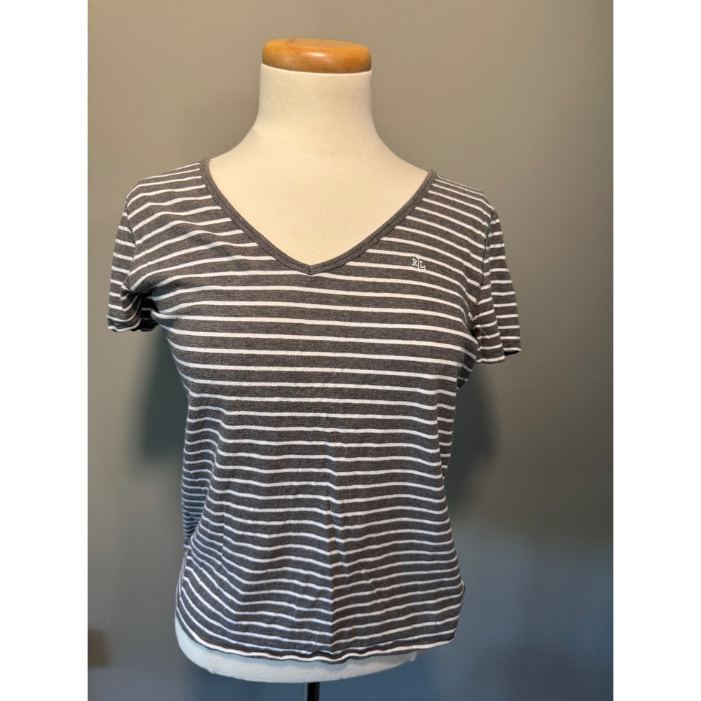 Lauren Jeans Company Ralph Lauren Striped V-Neck T-Shirt Gray White Women's M